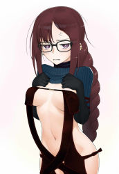 Rule 34 | 1girl, anger vein, asymmetrical bangs, black-framed eyewear, black dress, black gloves, blue sweater, braid, braided ponytail, breasts, brown hair, clothes lift, commentary request, cowboy shot, dress, earrings, elbow gloves, fate/grand order, fate (series), frown, glaring, glasses, gloves, half-closed eyes, jewelry, lifted by self, long hair, looking at viewer, medium breasts, open mouth, piercing, purple eyes, ribbed sweater, sidelocks, simple background, single braid, solo, standing, sweater, sweater lift, very long hair, wata do chinkuru, white background, yu mei-ren (fate), yu mei-ren (first ascension) (fate)