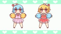 Rule 34 | &gt;:3, &gt;:d, &gt; &lt;, 2girls, :3, :d, = =, > <, alternate costume, animated, animated gif, arm up, bat wings, blonde hair, bloomers, blue hair, blush, bow, bow panties, bowtie, cheering, cheerleader, chibi, closed eyes, fang, flandre scarlet, green background, hat, heart, leg up, maitora, mob cap, multiple girls, open mouth, panties, pom pom (cheerleading), red bow, red bowtie, red eyes, remilia scarlet, short hair, side ponytail, simple background, sleeveless, smile, touhou, underwear, v-shaped eyebrows, white background, wings, xd