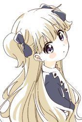 Rule 34 | 1girl, blonde hair, blue dress, blue ribbon, blunt bangs, blush, dress, emilico (shadows house), hair ribbon, highres, long hair, looking at viewer, namori, parted bangs, parted lips, ribbon, shadows house, simple background, solo, two side up, upper body, white background