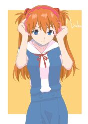 Rule 34 | 1girl, absurdres, artist request, blue eyes, blush, bow, bowtie, breasts, brown hair, character name, collarbone, collared shirt, dress shirt, headphones, highres, interface headset, long hair, looking at viewer, medium breasts, neon genesis evangelion, school uniform, shirt, simple background, skirt, solo, souryuu asuka langley, suspender skirt, suspenders, tokyo-3 middle school uniform, two side up, white shirt, yellow background