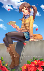 Rule 34 | 1girl, aoi sora (pairan), book, boots, brown eyes, brown hair, day, denim, denim skirt, face, flower, full body, glasses, highres, legs, long sleeves, looking at viewer, open mouth, original, outdoors, pairan, pantyhose, petals, round teeth, sitting, skirt, smile, solo, teeth, twintails