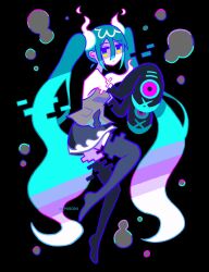 Rule 34 | 1girl, bare shoulders, black background, black skirt, black sleeves, black thighhighs, blue hair, commentary request, creatures (company), detached sleeves, full body, game freak, ghost miku (project voltage), glitch, grey shirt, hair between eyes, hands up, hatsune miku, highres, long hair, looking at viewer, misoni (mi-soni), nintendo, pale skin, pokemon, print sleeves, project voltage, see-through, see-through skirt, shaded face, shirt, skirt, sleeveless, sleeveless shirt, sleeves past fingers, sleeves past wrists, solo, thighhighs, twintails, twitter username, very long hair, vocaloid, white hair, will-o&#039;-the-wisp (mythology), yellow eyes
