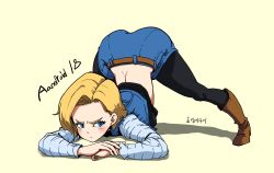 Rule 34 | 1girl, android 18, artist request, ass, blonde hair, blue eyes, blush, boots, breasts, character name, dragon ball, dragonball z, embarrassed, full body, highres, jack-o&#039; challenge, looking at viewer, medium hair, meme, shiny skin, simple background, skirt, solo, spread legs, stretching, translation request, wide spread legs