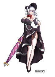 Rule 34 | 00s, 1girl, bare shoulders, blue eyes, breasts, cleavage, clothes lift, detached sleeves, dress, drill hair, dungeon and fighter, epomeno, female focus, full body, garter straps, hat, high heels, large breasts, long hair, long skirt, looking at viewer, parasol, ribbon, shoes, silver hair, simple background, skirt, skirt lift, solo, standing, thighhighs, umbrella, white background, white thighhighs