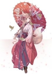 Rule 34 | 1girl, :o, animal, animal ears, animal on shoulder, bird, bird on shoulder, blue eyes, boots, braid, brown footwear, eyelashes, fingernails, floral print, flower, fox ears, fox girl, fox tail, full body, hair flower, hair ornament, hakama, hakama skirt, highres, holding, holding animal, holding umbrella, invisible chair, japanese clothes, kimono, light brown hair, long hair, looking at another, looking away, looking to the side, meiji schoolgirl uniform, multicolored background, oil-paper umbrella, open mouth, original, oro ponzu, petals, pink background, pink flower, red flower, red umbrella, shoelaces, sitting, skirt, tail, tareme, twin braids, twintails, two-tone background, umbrella, very long hair, white background