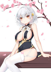 Rule 34 | 1girl, absurdres, arm support, azur lane, bad id, bad pixiv id, bare arms, bare shoulders, between legs, blush, braid, branch, breast curtains, breasts, catnnn, cherry blossoms, china dress, chinese clothes, cleavage, commentary request, covered navel, dress, feet out of frame, flower, garter straps, gloves, hair flower, hair ornament, hand between legs, highres, large breasts, looking at viewer, petals, red eyes, revealing clothes, short hair, sirius (azure horizons) (azur lane), sitting, skindentation, solo, thighhighs, white thighhighs, yellow flower