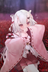 Rule 34 | 1girl, arm up, blunt bangs, blurry, blurry background, covered mouth, covering own mouth, cowboy shot, eyelashes, field, flower, flower field, hand over mouth, hand over own mouth, hololive, horns, japanese clothes, kimono, light blush, long hair, long sleeves, looking at viewer, mujinbensin, nakiri ayame, nakiri ayame (shrine maiden), off shoulder, pink sleeves, pleated skirt, pom pom (clothes), red eyes, red flower, red skirt, skin-covered horns, skirt, sleeves past wrists, solo, virtual youtuber, white hair, wide sleeves