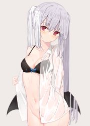Rule 34 | 1girl, absurdres, black bra, black wings, blush, bow, bow bra, bra, breasts, closed mouth, collarbone, collared shirt, commentary request, demon wings, grey background, groin, hair between eyes, highres, long hair, long sleeves, looking at viewer, low wings, medium breasts, memekko, navel, no panties, open clothes, open shirt, original, red eyes, see-through, shirt, silver hair, simple background, solo, twintails, underwear, very long hair, wet, wet clothes, wet shirt, white shirt, wings