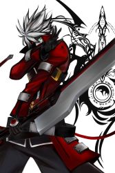 Rule 34 | 1boy, absurdres, belt, black gloves, blazblue, crest, early type, fighting stance, gloves, glowing, glowing eye, green eyes, heterochromia, high collar, highres, jacket, male focus, multiple belts, ragna the bloodedge, red eyes, red jacket, reverse grip, short hair, silver hair, solo, spiked hair, sword, weapon