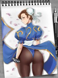 Rule 34 | 1girl, absurdres, artist name, ass, bracelet, brown eyes, brown hair, bun cover, capcom, chun-li, closed mouth, commentary, double bun, earrings, from behind, gold trim, hair bun, hair ornament, highleg, highres, jewelry, leotard, leotard under clothes, looking at viewer, looking back, mandytsune, mechanical pencil, pantyhose, pelvic curtain, pencil, petals, puffy short sleeves, puffy sleeves, shadow, shiny clothes, short sleeves, simple background, smile, solo, spiked bracelet, spikes, street fighter, street fighter ii (series), watermark