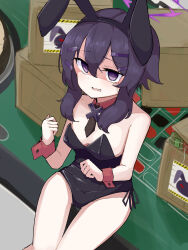 Rule 34 | 1girl, absurdres, animal ears, black leotard, black necktie, blue archive, breasts, detached collar, hair ornament, hairclip, haruka (blue archive), highres, katsuhiko (bone hiko), leotard, looking at viewer, medium hair, necktie, oversized breast cup, playboy bunny, purple eyes, purple hair, rabbit ears, shaded face, sitting, sitting on table, small breasts, solo, wavy mouth, wrist cuffs