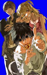 Rule 34 | 1girl, 2boys, amane misa, angry, black eyes, black hair, blonde hair, blue background, book, brown hair, candy, collarbone, collared shirt, corrupted twitter file, cross, cross earrings, cross necklace, death note, death note (object), denim, earrings, eating, expressionless, finger gun, food, frown, heart, heart necklace, highres, holding, holding book, jacket, jeans, jewelry, l (death note), lollipop, long hair, looking at another, looking to the side, multiple boys, necklace, one eye closed, outstretched arm, pants, pointing, pointing at viewer, red eyes, red shirt, shirt, short hair, simple background, sitting, sleeveless, sleeveless shirt, smile, standing, suit jacket, sweets, teeth, twintails, v, white shirt, wrinkled fabric, xi luo an ya, yagami light