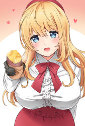 Rule 34 | 10s, 1girl, alternate costume, atago (kancolle), beret, black gloves, blonde hair, blue eyes, bow, bowtie, breasts, commentary request, eyebrows, feeding, food, gloves, hat, highres, incoming food, kantai collection, large breasts, long hair, long sleeves, looking at viewer, nanairo fuuka, open mouth, pov feeding, red bow, red bowtie, red skirt, roasted sweet potato, skirt, solo, sweet potato