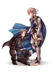 Rule 34 | 2boys, armor, breastplate, cape, closed eyes, corrin (fire emblem), corrin (male) (fire emblem), corrin (male) (fire emblem), fire emblem, fire emblem fates, gauntlets, gloves, greaves, gzei, kiss, kissing hand, kneeling, male focus, multiple boys, nintendo, on one knee, pauldrons, red eyes, shoulder armor, silas (fire emblem), simple background, spiked hair, white background, white hair