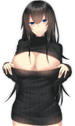 Rule 34 | 1girl, black sweater, blue eyes, breasts, cleavage, highres, large breasts, long hair, looking at viewer, meme attire, onineko-chan, open-chest sweater, original, solo, sweater