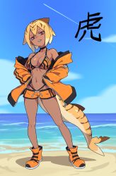 Rule 34 | 1girl, absurdres, beach, bikini, blonde hair, boots, borrowed character, breasts, cleavage, collarbone, dark-skinned female, dark skin, day, fins, fish tail, full body, highres, large breasts, looking at viewer, mako (azuumori), multicolored hair, navel, orange bikini, orange footwear, orange hair, original, outdoors, parted lips, ponaners, red eyes, shark girl, shark tail, sharp teeth, short hair, solo, standing, swimsuit, tail, teeth, translation request