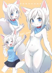 Rule 34 | 1girl, absurdres, animal collar, animal ears, arm up, bandana, black skirt, blue bandana, blue bow, blue bowtie, blue eyes, blush, body fur, bow, bowtie, breasts, cat ears, cat girl, cat tail, collar, dosta, female focus, furry, highres, looking at viewer, navel, no nipples, nude, one eye closed, open mouth, orange background, original, own hands together, skirt, small breasts, smile, solo, tail, white fur, white hair