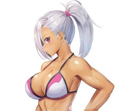 1girl bare_shoulders bikini blush breasts cleavage collarbone copyright_request dark-skinned_female dark_skin grey_hair high_ponytail highres large_breasts long_hair looking_at_viewer multicolored_bikini parted_lips pink_bikini ponytail purple_eyes ranma_(kamenrideroz) simple_background solo swimsuit two-tone_bikini upper_body v-shaped_eyebrows white_background white_bikini