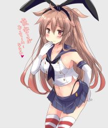 Rule 34 | 1girl, black headband, black panties, blue skirt, breasts, brown eyes, closed mouth, collarbone, cosplay, cowboy shot, elbow gloves, from side, gloves, grey background, hair flaps, headband, hirune (konekonelkk), kantai collection, large breasts, leaning forward, long hair, looking at viewer, miniskirt, murasame (kancolle), navel, orange eyes, panties, pleated skirt, shimakaze (kancolle), shimakaze (kancolle) (cosplay), simple background, skirt, smile, solo, striped clothes, striped thighhighs, thighhighs, thong, translation request, two side up, underwear, upper body, white gloves