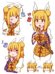 Rule 34 | !?, 1girl, puff of air, armor, armored dress, arrow (symbol), blonde hair, bloomers, blush, blush stickers, breasts, commentary, crack, cracked skin, cropped torso, double bun, dress, eighth note, english commentary, eyelashes, grin, hair ribbon, hand on own chin, hand up, hands on own chest, haniwa (statue), joutouguu mayumi, looking at viewer, medium breasts, multiple views, musical note, one eye closed, open mouth, puffy short sleeves, puffy sleeves, purple sash, ribbon, sash, shirt, short hair, short sleeves, simple background, smile, sweat, tearing clothes, torn clothes, torn sleeves, touhou, underwear, upper body, vambraces, white background, white bloomers, white ribbon, white shirt, wool (miwol), yellow dress, yellow eyes