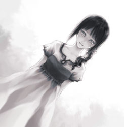 Rule 34 | 1girl, bad id, bad pixiv id, black hair, dress, dutch angle, grey eyes, greyscale, looking at viewer, monochrome, pale skin, ponytail, saki (pixiv303252), short sleeves, solo, staring, white background, white theme
