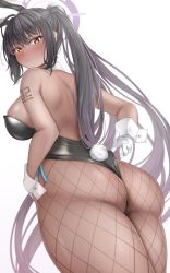 Rule 34 | 1girl, absurdres, animal ears, ass, bare arms, bare shoulders, black hair, black leotard, blue archive, blush, breasts, closed mouth, curvy, dark-skinned female, dark skin, fake animal ears, fishnet pantyhose, fishnets, from behind, gloves, halo, highleg, highleg leotard, highres, karin (blue archive), karin (bunny) (blue archive), large breasts, leotard, lomocya, long hair, looking at another, looking at viewer, official alternate costume, pantyhose, playboy bunny, ponytail, rabbit ears, shiny clothes, shiny skin, simple background, solo, thong leotard, very long hair, white background, white gloves, wide hips, yellow eyes