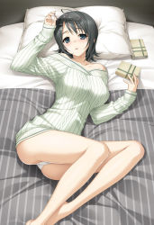 Rule 34 | 1girl, absurdres, aran sweater, bed, bed sheet, black eyes, black hair, blanket, blush, book, cable knit, female focus, glasses, hair ornament, hairclip, hashimoto takashi, highres, legs, looking at viewer, lying, on back, open mouth, panties, pillow, short hair, solo, striped, sweater, underwear, white panties, yorihime nao, yosuga no sora