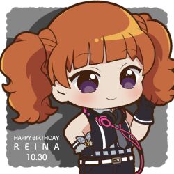 Rule 34 | 1girl, belt, black gloves, black jumpsuit, black pants, blunt bangs, border, character name, chibi, chii (chi pppuri), closed mouth, commentary request, drop shadow, gloves, grey background, grey necktie, hand on own hip, hand up, happy birthday, headphones, headphones around neck, idol clothes, jumpsuit, long hair, looking at viewer, necktie, orange hair, outside border, pants, pretty rhythm, pretty rhythm dear my future, pretty series, purple eyes, smile, solo, standing, twintails, white belt, white border