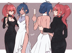 2girls artist_name backless_dress backless_outfit bare_arms black_jacket black_skirt blue_hair border brown_background champagne_flute closed_mouth commentary_request cup diluc_(genshin_impact) dress drink drinking_glass earrings eyepatch genderswap genderswap_(mtf) genshin_impact hair_bun hair_up hand_on_another&#039;s_back highres holding holding_drink jacket jewelry kaeya_(genshin_impact) long_hair looking_at_another multiple_girls parted_lips ponytail purple_eyes red_eyes red_hair side_slit skirt smile tanao white_border white_dress yuri