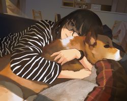 Rule 34 | 1girl, black hair, brown eyes, commentary, couch, glasses, hug, looking at viewer, lying, medium hair, morifumi, on couch, original, parted lips, shirt, solo, striped clothes, striped shirt, symbol-only commentary, watch, welsh corgi, wristwatch