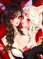 Rule 34 | 2girls, absurdres, ahri (league of legends), animal ears, fox ears, highres, immortalized legend ahri, league of legends, long hair, looking at viewer, multiple girls, open mouth, red eyes, risen legend ahri, shapy wa, smile