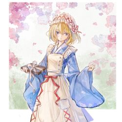 Rule 34 | 1girl, 80isiiii, adapted costume, alice margatroid, apron, blonde hair, blue eyes, blue kimono, box, closed mouth, cowboy shot, flower, frilled apron, frills, frown, gift, gift box, hands up, highres, holding, holding box, japanese clothes, kimono, long sleeves, looking at viewer, pink flower, red ribbon, ribbon, short hair, solo, touhou, white apron, white headdress, white ribbon, wide sleeves