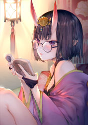 Rule 34 | 1girl, bare shoulders, bespectacled, black-framed eyewear, black hair, blush, book, breasts, cleavage, closed mouth, fate/grand order, fate (series), glasses, headpiece, highres, holding, holding book, horns, japanese clothes, kaguyuzu, kimono, knees up, lamp, off shoulder, open book, open clothes, open kimono, purple eyes, purple kimono, round eyewear, short hair, shuten douji (fate), sitting, skin-covered horns, small breasts, solo, tassel