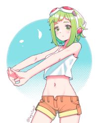 Rule 34 | 1girl, aegissanp, artist name, blush stickers, crop top, expressionless, goggles, goggles on head, green eyes, green hair, groin, gumi, headphones, highres, interlocked fingers, looking at viewer, looking down, midriff, navel, open fly, outstretched arms, short hair, shorts, solo, stretching, tank top, thick eyebrows, vocaloid