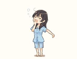 Rule 34 | 1girl, alternate costume, barefoot, beige background, black hair, commentary request, closed eyes, full body, kantai collection, long hair, messy hair, open mouth, oyashio (kancolle), pajamas, saiguchi otoufu, simple background, solo, standing, yawning