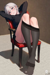 Rule 34 | 1girl, absurdres, ai-assisted, arms behind head, black pantyhose, black shirt, blue eyes, blush, breasts, chair, feet, female focus, grey hair, hair between eyes, head tilt, highres, legs, lips, lipstick, long hair, long sleeves, looking at viewer, lying, makeup, medium breasts, no shoes, on chair, original, panties, panties under pantyhose, pantyhose, pantyshot, partially undressed, playh, shiny skin, shirt, short hair, signature, sitting, solo, thighs, toes, underwear, upskirt, white hair, white panties