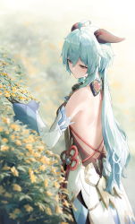 Rule 34 | 1girl, ahoge, alternate hair color, aqua hair, back, bare back, bare shoulders, black gloves, blurry, blurry background, blush, brown eyes, chinese knot, detached sleeves, dress, ebiri fy, flower, from side, ganyu (genshin impact), genshin impact, gloves, goat horns, hair between eyes, highres, horns, long hair, low ponytail, outdoors, plant, sidelocks, smile, solo, white sleeves, wide sleeves