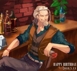 Rule 34 | 1boy, alcohol, beard, belt, black pants, blue shirt, bottle, bracelet, brick wall, brown eyes, brown vest, buttons, closed mouth, collarbone, counter, dated, eyewear on head, facial hair, grey hair, happy birthday, highres, holding, holding bottle, jewelry, male focus, mirin (coene65), mustache stubble, old, old man, one eye closed, one piece, pants, scar, scar across eye, shirt, silvers rayleigh, sitting, solo, stubble, vest, whiskey, white belt, wrinkled skin