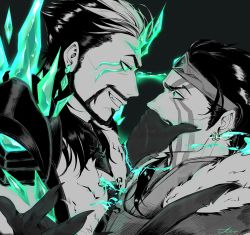Rule 34 | 2boys, artist name, beard, black hair, close-up, crown, draven, ear piercing, earrings, facial hair, facial tattoo, fang, fingernails, fire, glowing, glowing eyes, green fire, hand on another&#039;s face, highres, iki39236287, jacket, jewelry, league of legends, long hair, long sideburns, looking at viewer, male focus, manly, mature male, multiple boys, piercing, red eyes, ruined draven, sharp fingernails, shoulder pads, sideburns, smirk, spikes, stud earrings, tattoo