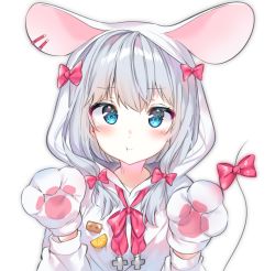 Rule 34 | 1girl, animal costume, animal ears, bad id, bad pixiv id, blue eyes, blush, bow, eromanga sensei, grey hair, hair bow, izumi sagiri, long hair, looking at viewer, mouse costume, mouse ears, mouse tail, pink bow, pink ribbon, ribbon, sidelocks, solo, tail, tail bow, tail ornament, upper body, urim (paintur)