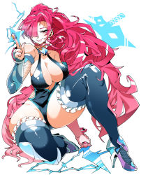 Rule 34 | 1girl, bare shoulders, breasts, cleavage, clothing cutout, electricity, fishnets, frilled thighhighs, frills, groin, high heels, holding, holding sword, holding weapon, kafun, leotard, long hair, navel, navel cutout, original, pink eyes, pink hair, shuriken, sword, thick thighs, thighhighs, thighs, very long hair, weapon
