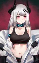 Rule 34 | 1girl, arknights, bare shoulders, black choker, black gloves, black shirt, breasts, choker, coat, collarbone, crop top, earrings, gloves, hair ornament, highres, horns, jewelry, large breasts, long hair, looking away, looking to the side, material growth, midriff, mudrock (arknights), mudrock (elite ii) (arknights), navel, off shoulder, oripathy lesion (arknights), oversized clothes, parted lips, pointy ears, shirt, sleeveless, sleeveless shirt, solo, stomach, undressing, upper body, wakamepiza, white coat, white hair