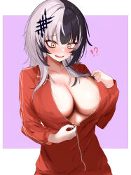 Rule 34 | !?, 1girl, absurdres, akamiya mumu, black hair, blush, breasts, grey hair, highres, hololive, hololive english, inconvenient breasts, jacket, large breasts, long hair, long sleeves, looking down, multicolored hair, nervous smile, no bra, nose blush, open mouth, partially unzipped, red jacket, shiori novella, smile, solo, split-color hair, track jacket, two-tone hair, virtual youtuber, yellow eyes, zipper pull tab