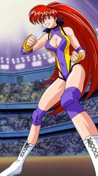 Rule 34 | akira (viper), arena, boots, bow, breasts, center opening, cleavage, large breasts, leotard, long hair, one-piece swimsuit, red eyes, red hair, solo, swimsuit, very long hair, viper, wrestler, wrestling