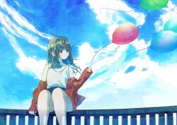 Rule 34 | 1girl, balloon, bare shoulders, black shorts, blue sky, blunt bangs, blush, closed mouth, cloud, cloudy sky, day, feet out of frame, floating, grey eyes, grey hair, hand up, highres, holding, holding balloon, jacket, kumagaya nono, legs apart, long hair, long sleeves, looking to the side, off shoulder, on railing, open clothes, open jacket, original, outdoors, pale skin, railing, red jacket, shirt, shorts, sidelocks, sky, sleeveless, sleeveless shirt, sleeves past wrists, smile, solo, tank top, white tank top