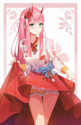 Rule 34 | 1girl, absurdres, alternate costume, blue bow, blush, bow, breasts, commentary, darling in the franxx, green eyes, hanbok, highres, horns, huge filesize, korean clothes, long hair, long sleeves, looking at viewer, michelan, oni horns, pink hair, red horns, smile, solo, zero two (darling in the franxx)