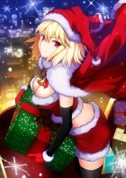 Rule 34 | 1girl, absurdres, arcueid brunestud, black thighhighs, blonde hair, box, breasts, christmas, cleavage, coat, coat on shoulders, fur-trimmed coat, fur-trimmed gloves, fur-trimmed headwear, fur trim, gift, gift box, gloves, harukey, hat, highres, large breasts, looking at viewer, red coat, red eyes, red gloves, red hat, santa costume, santa hat, short hair, smile, solo, thighhighs, thighs, tsukihime