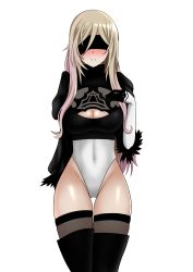 Rule 34 | 1girl, absurdres, arms behind back, blindfold, blonde hair, breasts, cleavage, cosplay, elbow gloves, gloves, goblin slayer!, hand on own chest, highres, large breasts, leotard, long hair, nier (series), nier:automata, open mouth, solo, sword maiden, the only shoe, thigh gap, thighhighs, thighs, white background, 2b (nier:automata), 2b (nier:automata) (cosplay)