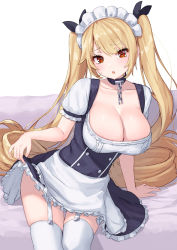 Rule 34 | 1girl, alternate costume, apron, azur lane, bed, blonde hair, blush, breasts, cleavage, collarbone, commentary request, dress, enmaided, hair ribbon, large breasts, long hair, looking at viewer, maid, maid apron, maid headdress, nelson (azur lane), pensuke, red eyes, ribbon, short hair, solo, thighhighs, twintails, very long hair
