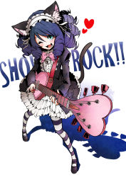 Rule 34 | 10s, 1girl, ;d, animal ears, aqua eyes, bell, black nails, blue hair, bow, cat ears, cat tail, cyan (show by rock!!), drill hair, electric guitar, fake animal ears, full body, gothic lolita, guitar, heart, highres, instrument, lolita fashion, long hair, looking at viewer, mary janes, nail polish, one eye closed, open mouth, pantyhose, pink bow, shadow, shoes, show by rock!!, smile, solo, strawberry heart (show by rock!!), striped clothes, striped pantyhose, tail, teeth, tongue, vice (kuronekohadokoheiku)